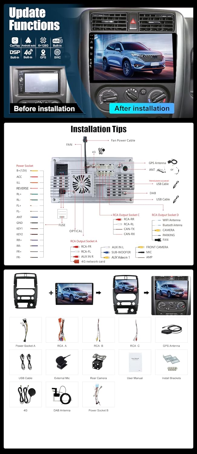 9 Zoll Android 14 Autoradio mit Navi Für Suzuki Jimny 2007-2015 |Octa Core|6GB 128GB|Eingebaut 4G LT