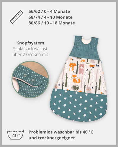 ULLENBOOM Sommerschlafsack Baby Waldtiere Petrol (Made in EU) - Aus OEKO-TEX Materialien - 0,5 TOG,
