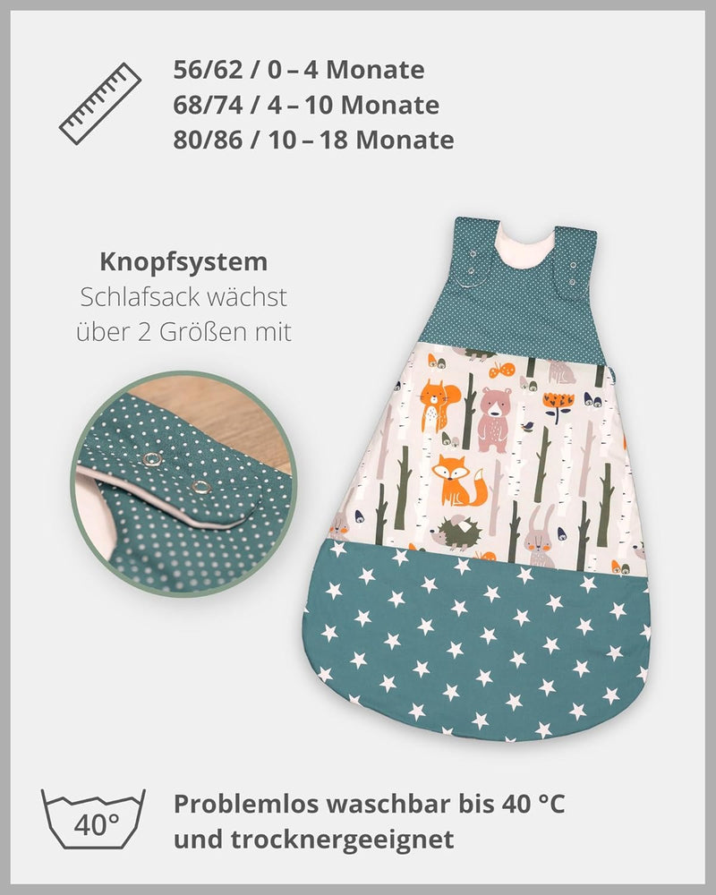 ULLENBOOM Sommerschlafsack Baby Waldtiere Petrol (Made in EU) - Aus OEKO-TEX Materialien - 0,5 TOG,