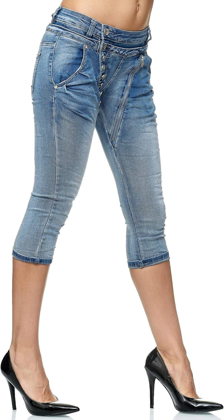 Elara Damen 3/4 Jeans Slim High Waist Capri Hose Chunkyrayan 44 Slim Blau, 44 Slim Blau