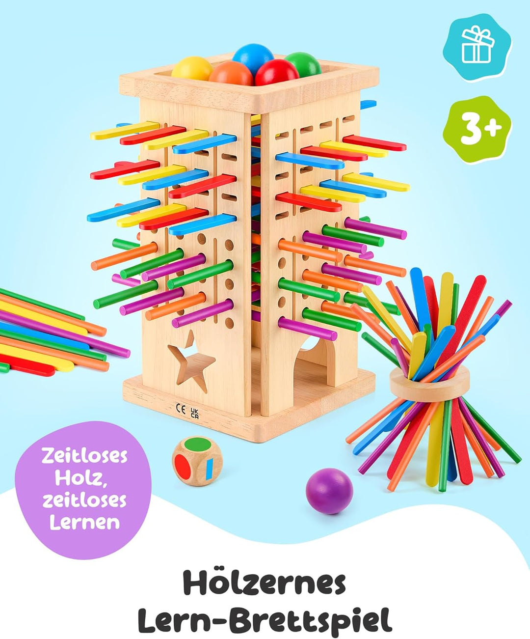 Montessori Spielzeug Holz Brettspiel ab 3 Jahren – Kinderspiele mit Bunte Stäbchen & Ball – Lernspie