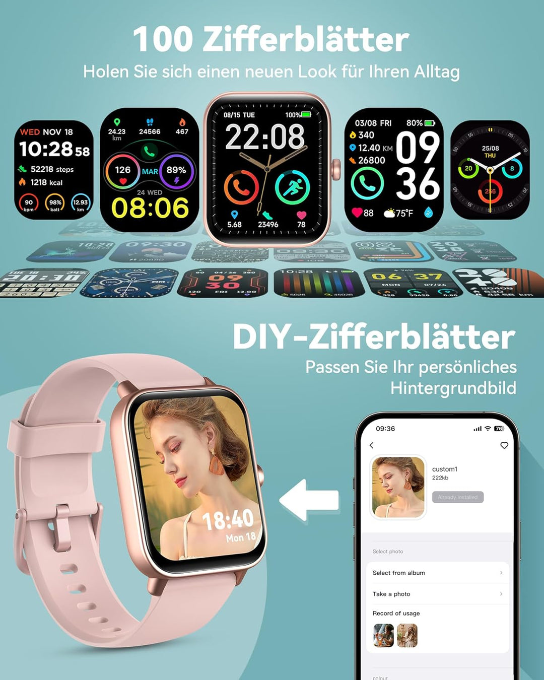 Smartwatch Damen, 1.8" Fitnessuhr Damen mit Telefonfunktion und Alexa Built-in, Herzfrequenz SpO2 St