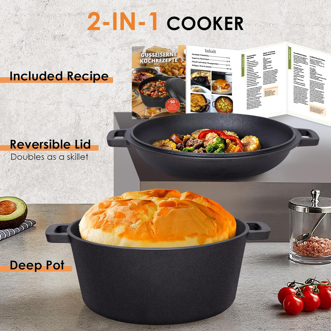 Todeco 26cm Gusseisen Bräter mit Deckel backofengeeignet, 5L 2in1 Gusseisen Topf inkl. Rezeptbuch, B