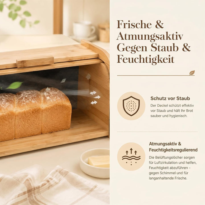 Grosser Brotkasten aus Naturholz, 41 x 27 x 13 cm – Traditioneller Brotkasten mit Rollverschluss – B