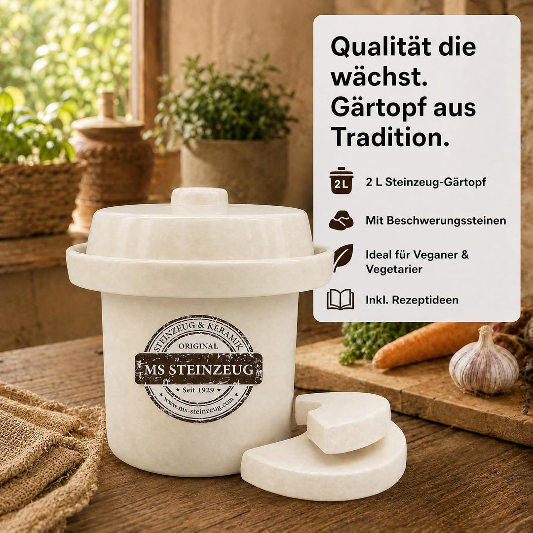 MS Steinzeug Gärtopf Mini Fermentation 2 Liter Creme weiss Milchsäuregärung Konservieren Einmachen g