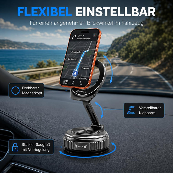 MEGAPHONIC Handyhalterung Auto Magnet, kompatibel mit MagSafe, 20 N55 Magnete, Vakuum-Saugnapf, 360°
