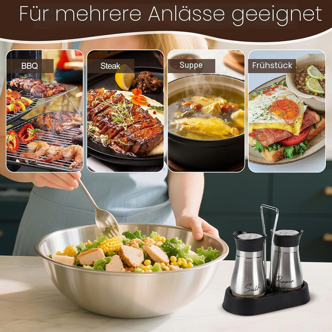 Salz und Pfefferstreuer Set, Salz und Pfefferstreuer Set mit Halter, 8 Stück Edelstahl und Glasflasc