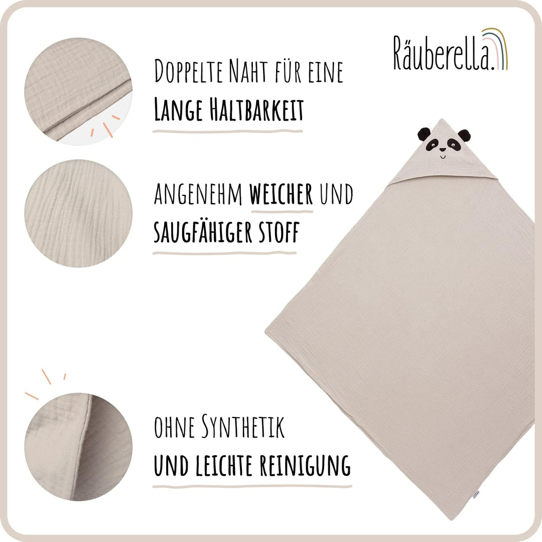 Räuberella® Panda-Kapuzenhandtuch Baby in Beige I 80x80cm I Musselin-Badetuch-Baby aus 100% Bio-Baum