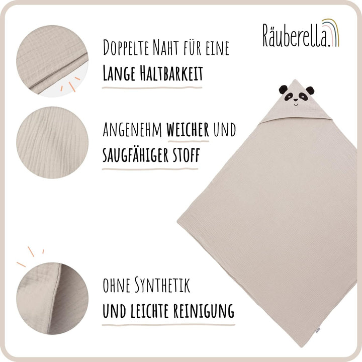 Räuberella® Panda-Kapuzenhandtuch Baby in Beige I 80x80cm I Musselin-Badetuch-Baby aus 100% Bio-Baum