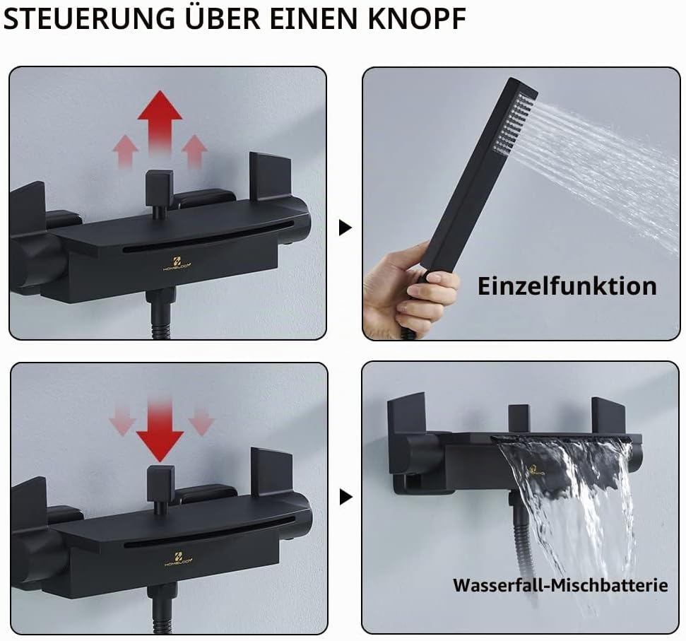 HOMELODY Schwarz Badewannenarmatur Wasserfall Armatur Badewanne Mischbatterie mit Brause Wannenarmat