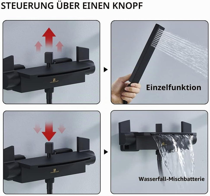 HOMELODY Schwarz Badewannenarmatur Wasserfall Armatur Badewanne Mischbatterie mit Brause Wannenarmat
