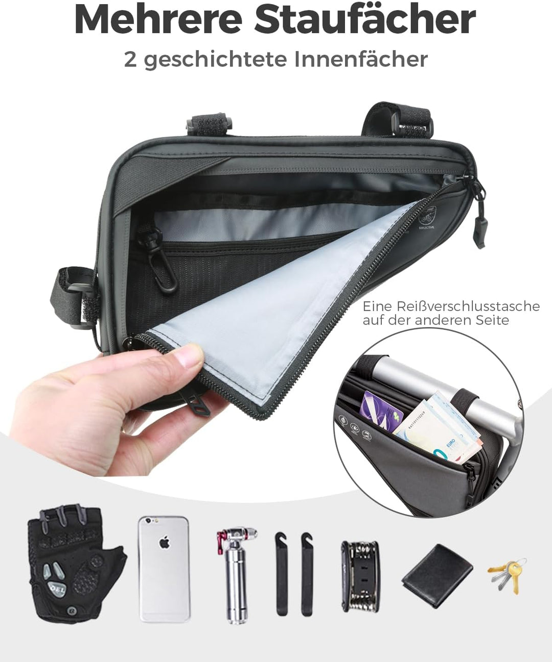 Fahrrad Rahmentasche, Wasserabweisende Dreieckstasche 2L, Fahrradtasche für Rahmen, MTB &amp; Rennrad Zu