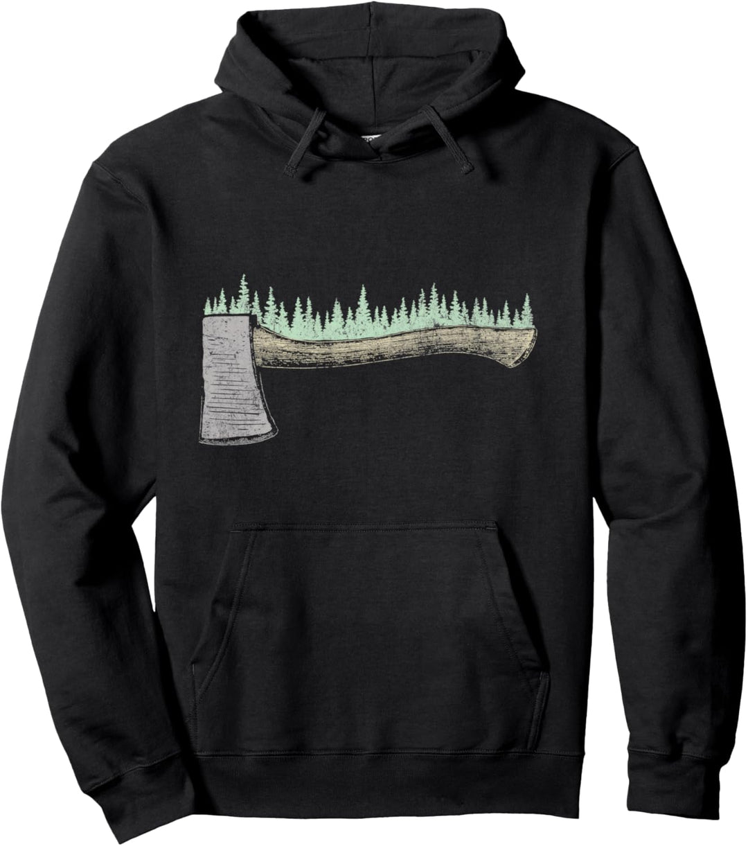 Vintage Hatchet & Pine Forest Illustration Hiking & Camping Pullover Hoodie