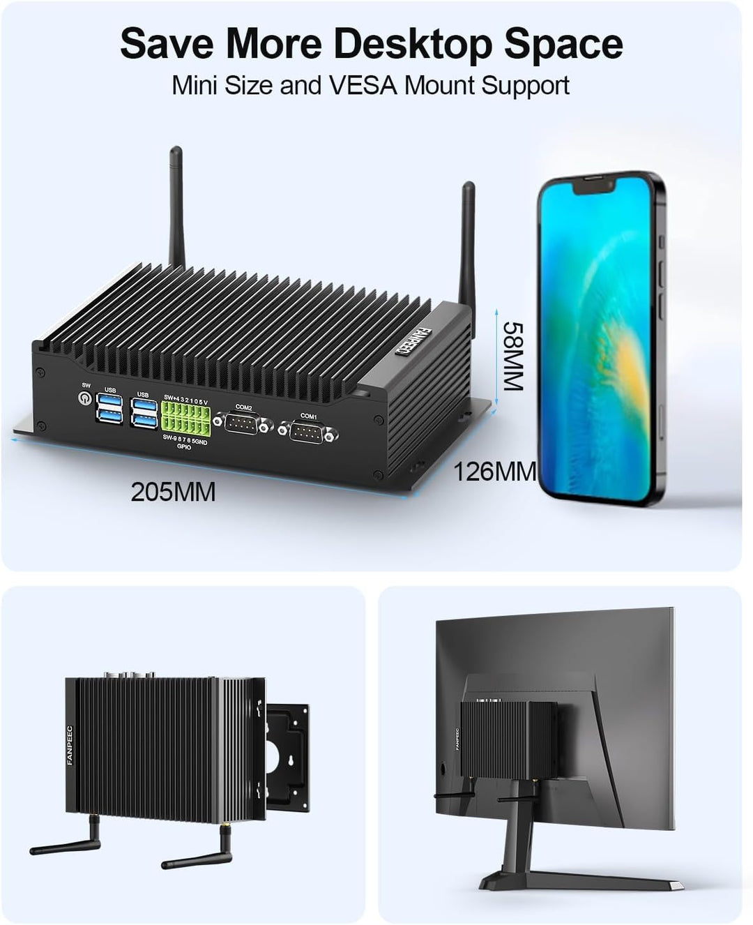 FANPEEC Lüfterloser Mini PC Core i7-10810U (max. 4,90 GHz), Industrie PC Windows 11 Pro 16GB DDR4 RA