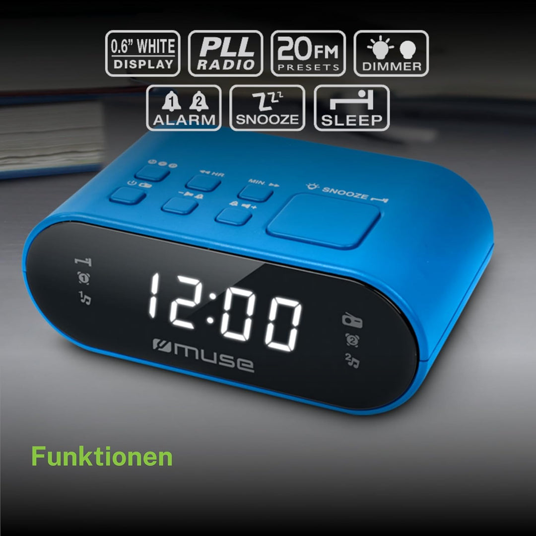 MUSE M-10 BL Radiowecker mit LED-Display, Zwei Weckzeiten, dimmbar, digitaler UKW-Tuner, 20 Sendersp