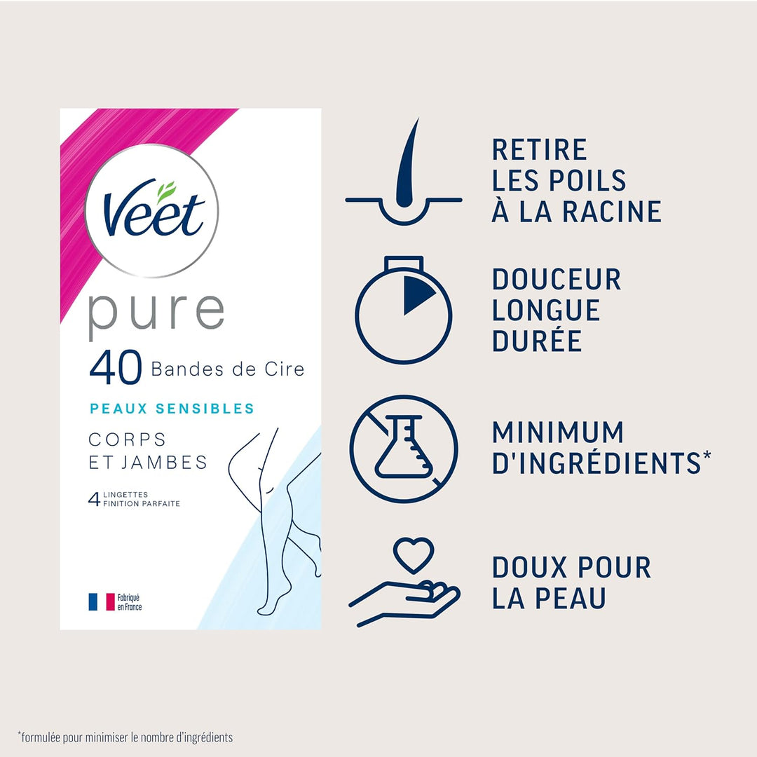 Veet Pure – 40 Kaltwachsstreifen für Körper und Beine – empfindliche Haut – empfohlen von Dermatolog