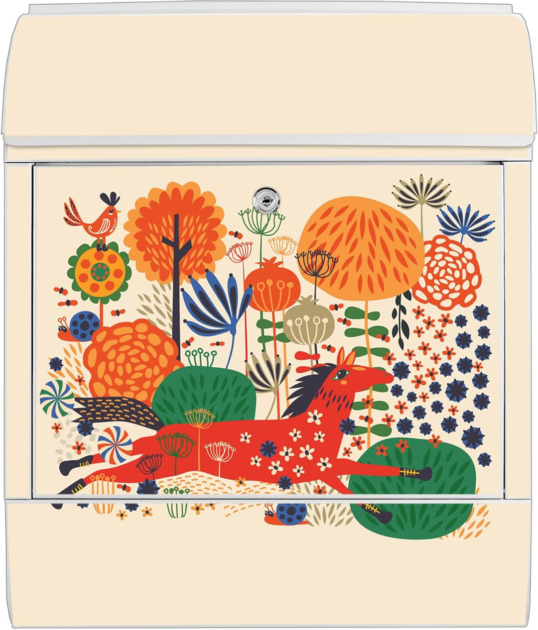 banjado® Design Briefkasten mit Motiv Rotes Pferd 39x47x14cm &amp; 2 Schlüssel - Briefkasten Stahl weiss