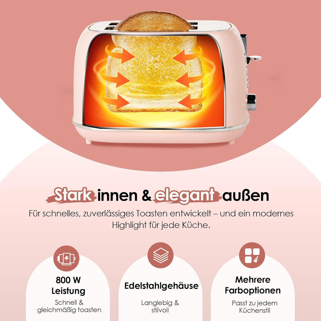 Fab by Kitchen in the box Rosa Toaster 2 Scheiben, Retro Toaster aus Edelstahl mit breiten Schlitzen