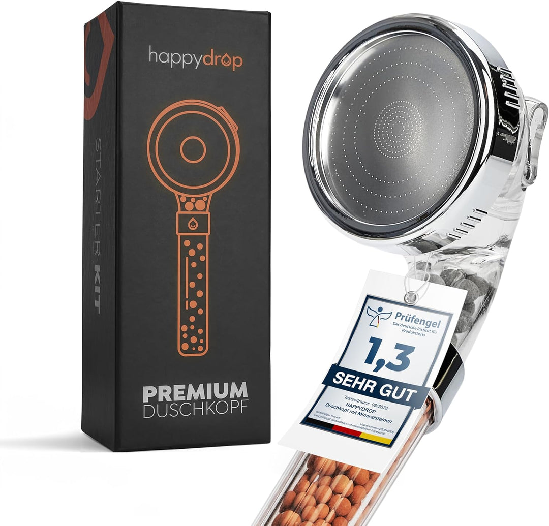 Premium Duschkopf mit Mineralsteinen von happydrop - Die wassersparende Handbrause druckerhöhend mit