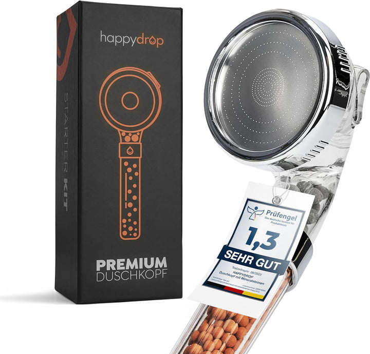 Premium Duschkopf mit Mineralsteinen von happydrop - Die wassersparende Handbrause druckerhöhend mit
