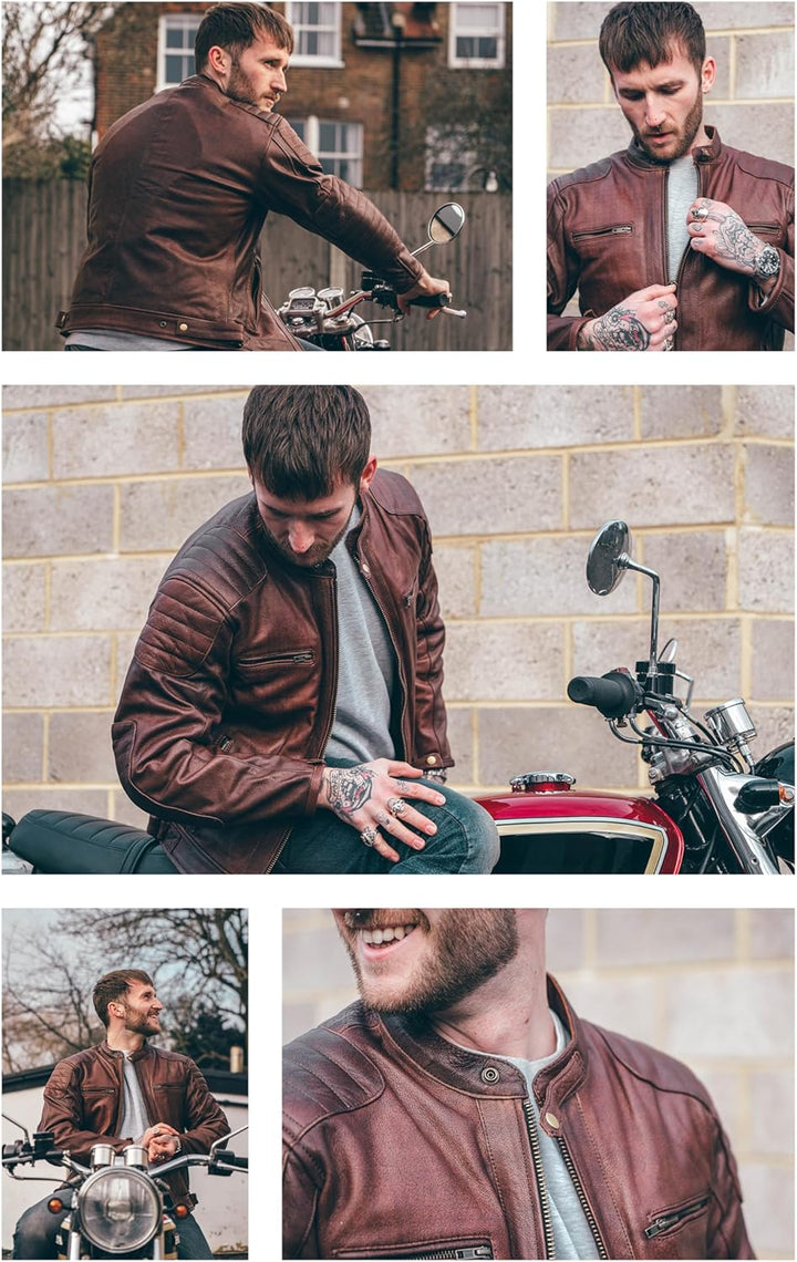 Texpeed Motorrad lederjacke herren mit protektoren - Braun Winter/Sommer Gesteppt echtleder Bikerjac
