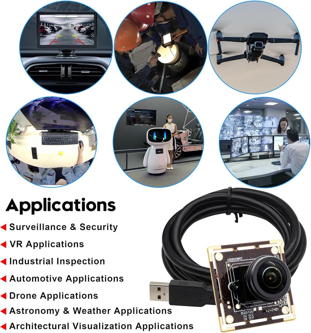 Svpro 5MP 30FPS USB Kameramodul, M12 Fisheye Objektiv, Ultra Weitwinkel 200 Grad Webcam Board IMX335
