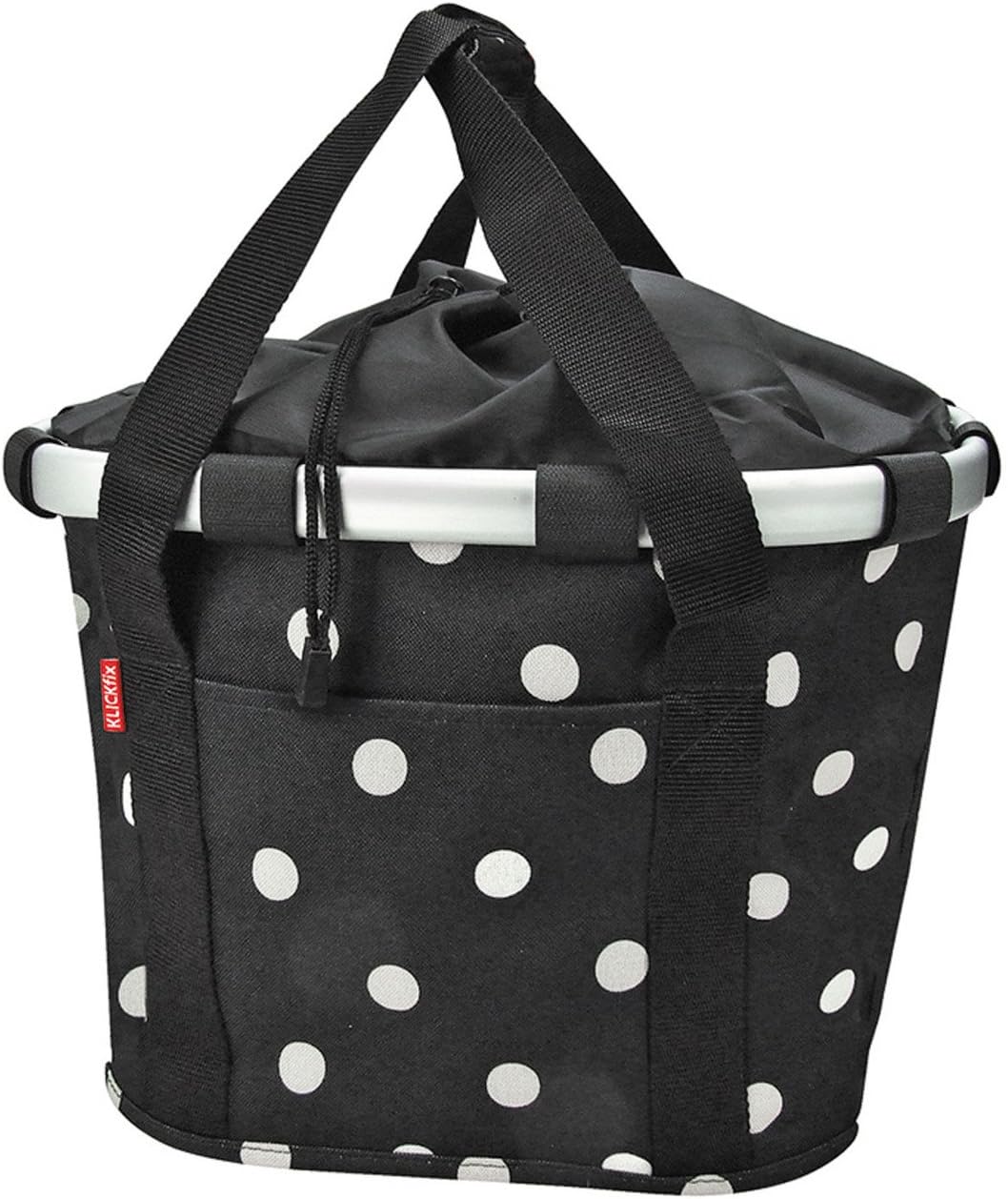 KLICKfix Damen Fahrradkorb Black Dots Bundle mit Lenkeradapter mit Schloss, Black Dots Bundle mit Le