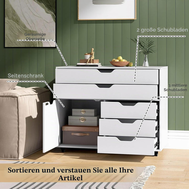 KOMFOTTEU Aktenschrank mit Rollen, Bürocontainer mit 5 Schubladen &amp; 1 Schrank, Rollcontainer Schubla