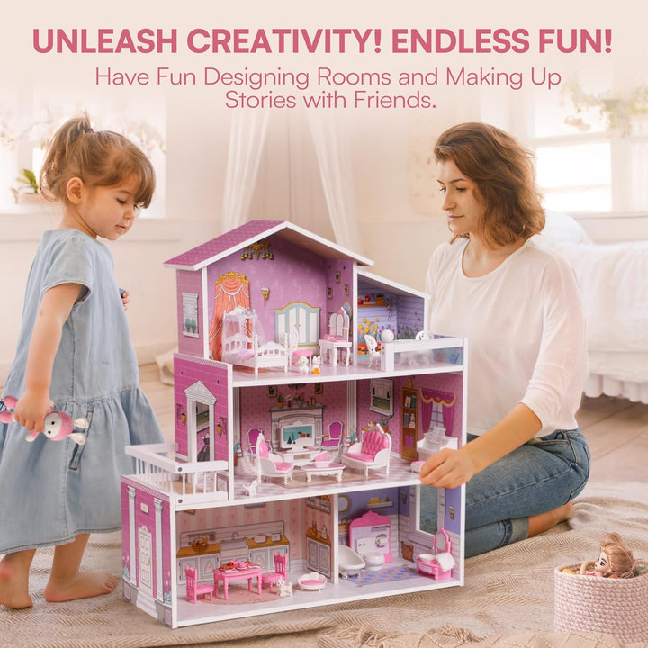 ROBUD hölzernes Puppenhaus Spielset, 3 Geschichten, 5 Zimmer, 24 PCS Möbel, vorgeben Spiel Spielzeug