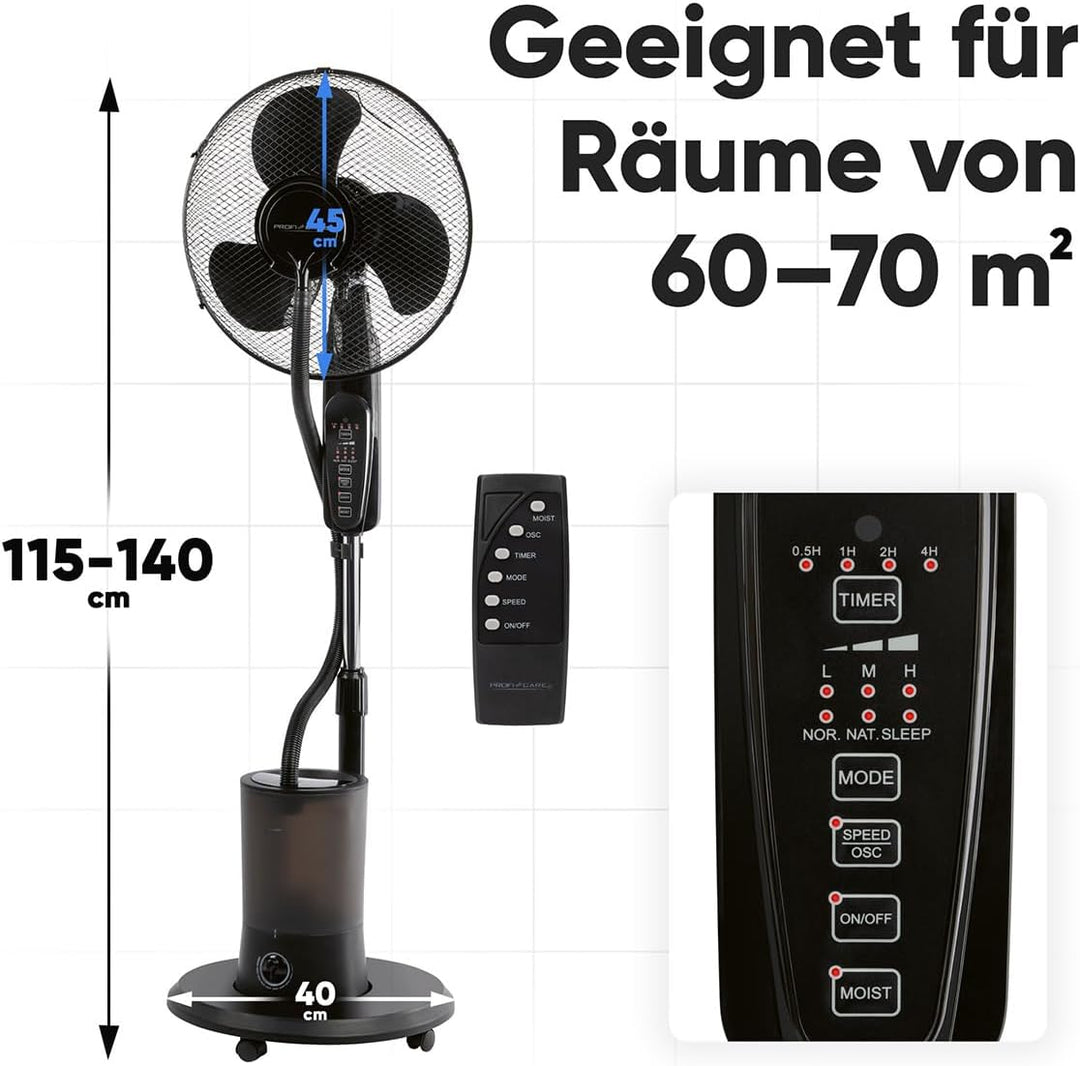 ProfiCare® Ventilator leise mit Luftbefeuchter | Schwenkfunktion | Höhe und Winkel verstellbar | 3 S