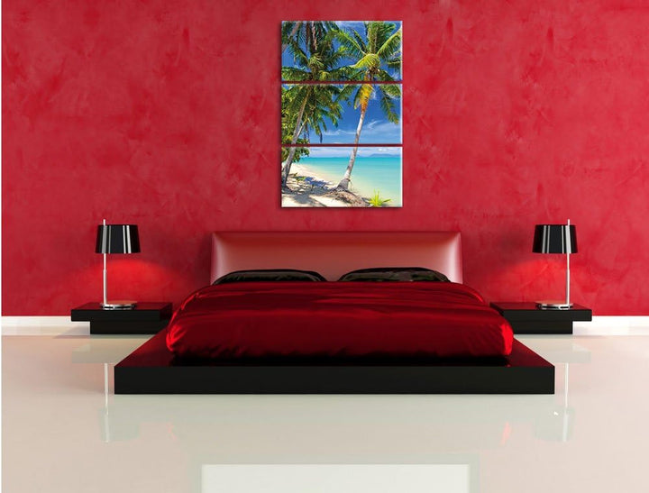 Pixxprint Palmen Traumstrand / 3-Teilig/Gesamtmass 120cm Leinwandbild bespannt auf Holzrahmen/Wandbi