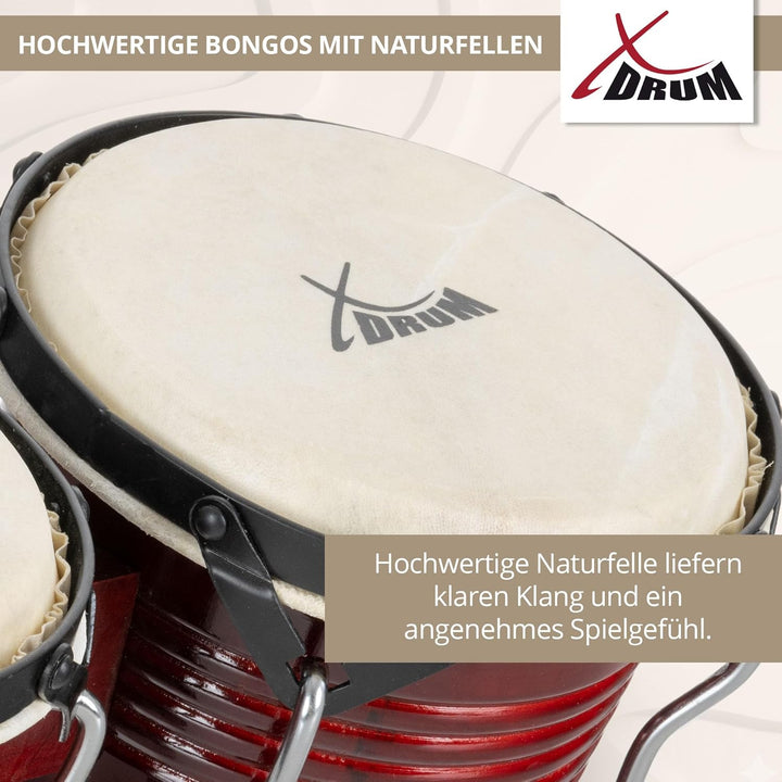 XDrum Bongos Pro Weinrot - 2 Trommeln mit 6,5" (17 cm) und 7,5" (20 cm) Durchmesser - Bongotrommeln