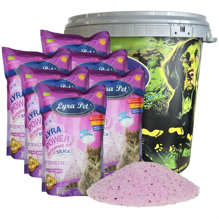 Lyra Pet® | 6 x 5 L = 30 L Lyra Power Clumping Silica Silikat Katzenstreu + 30 L Tonne | Stark Klump