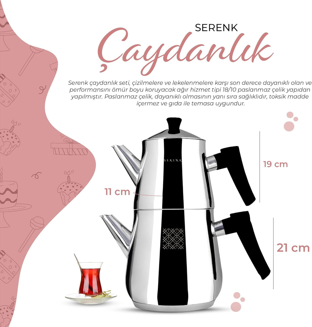 Serenk Edelstahl-Teekannen-Set, 1L & 2L, Doppelstöckig, Induktionsgeeignet, Schwarzer Griff Silber/S