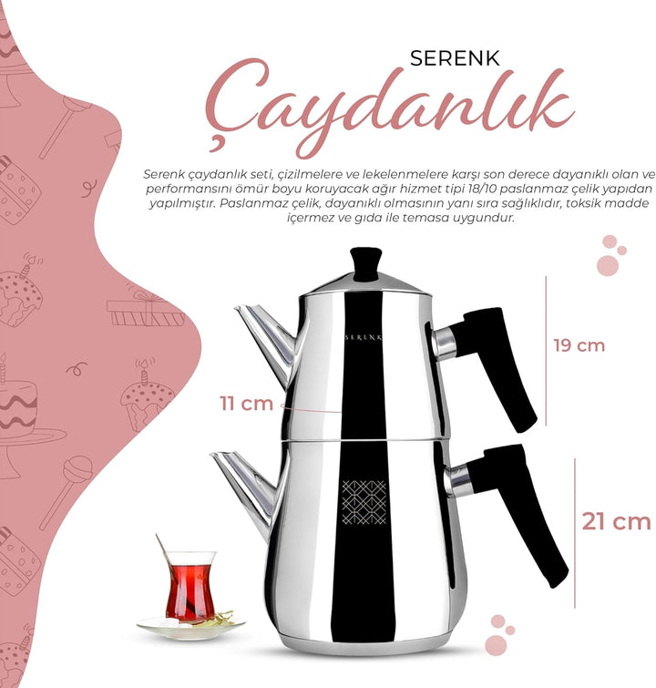 Serenk Edelstahl-Teekannen-Set, 1L & 2L, Doppelstöckig, Induktionsgeeignet, Schwarzer Griff Silber/S