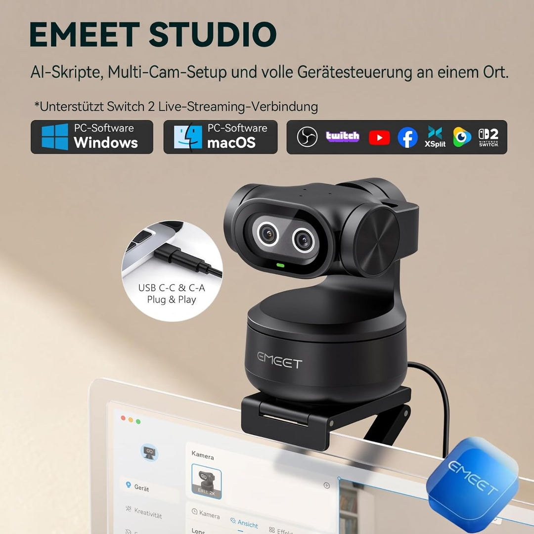 EMEET PIXY 2K Dual-Kamera KI PTZ Web-Kamera, KI-Tracking, 0.2s PDAF & KI-Autofokus, mit Sony-Sensor