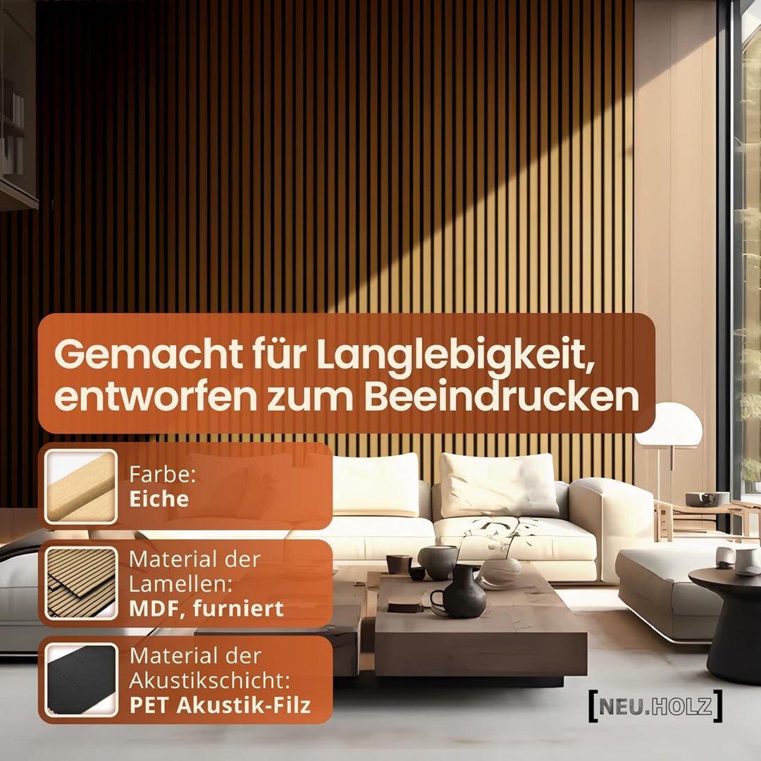 NEU.HOLZ Akustik Wandpaneele Vang 4er Set Wandverkleidung zum Kleben und Schrauben 2,88 m² Holzfurni