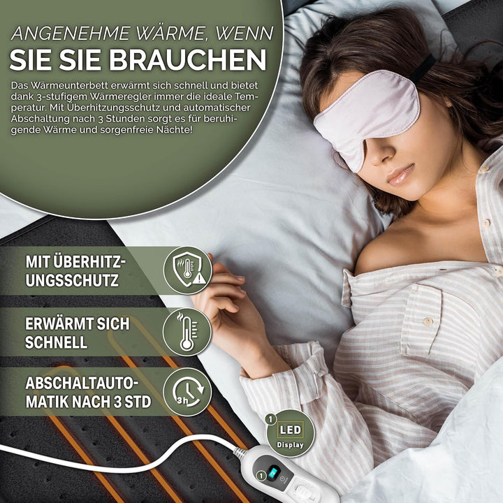 Doppel-Wärmeunterbett 160x140cm mit Abschaltautomatik und 2 Temperaturzonen | Heizdecke mit 3 Temper