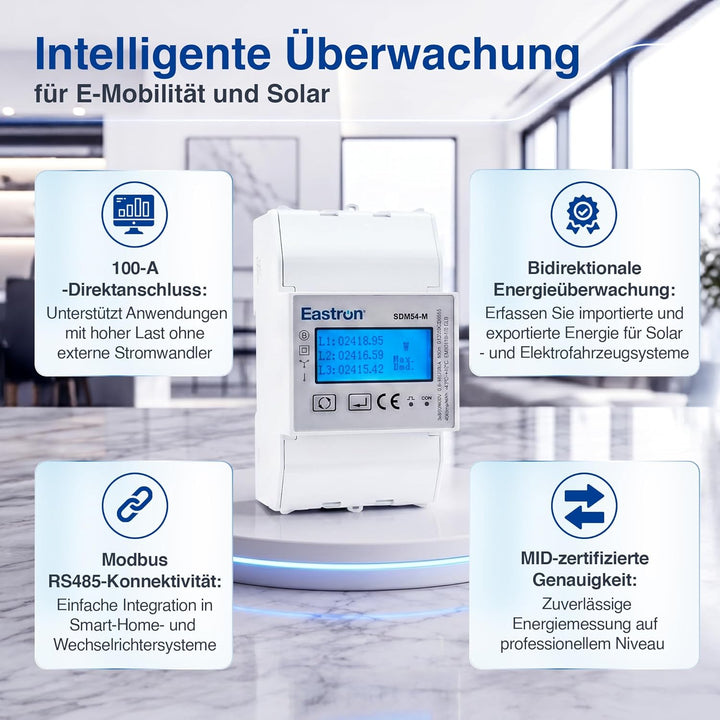 Eastron SDM54-M MID-zertifiziertes dreiphasiges 100-A-Direktanschluss-DIN-Schienen-RS485-Modbus-MID-