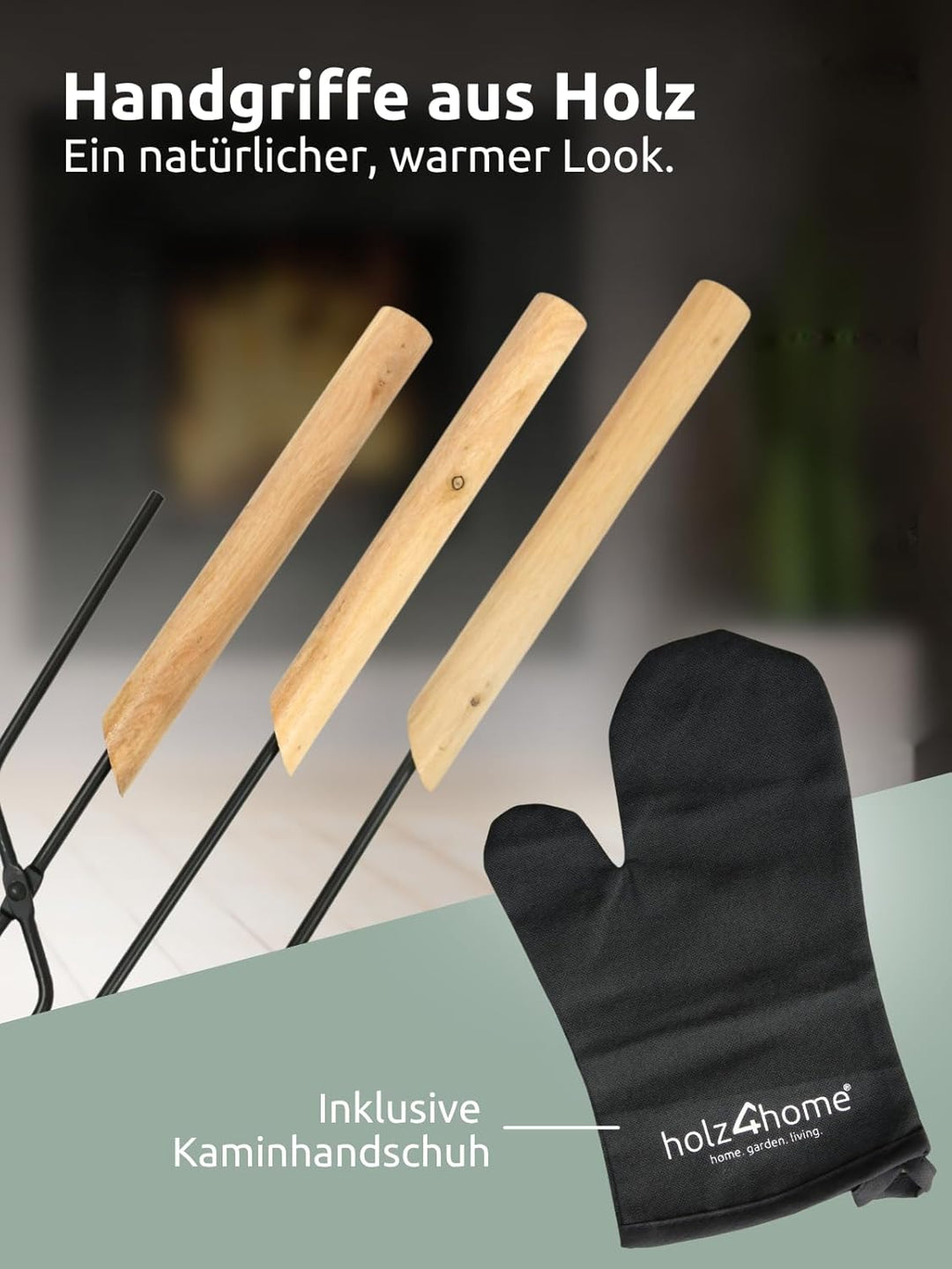 holz4home® Kaminbesteck 6-tlg. Schwarz mit Holzgriff inkl. Ofenhandschuh hitzebeständig I Kaminset K