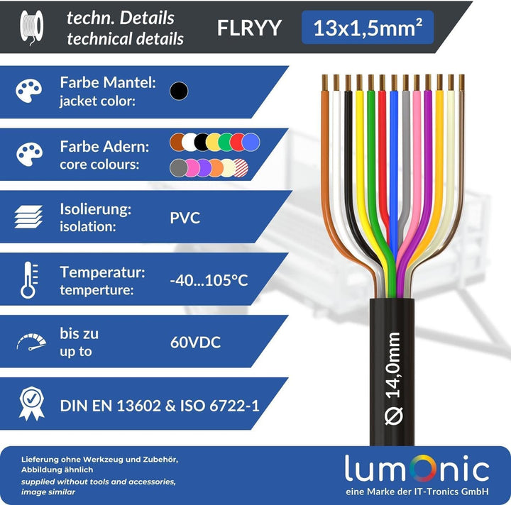 10m Lumonic 1m FLRYY Fahrzeugkabel 13 adrig I Fahrzeugleitung mit Kabelquerschnitt 13x 1,5mm² I Kabe
