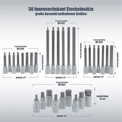 30tlg H5-H22 Innensechskant Steckschlüssel Satz Sechsant Nüsse für Inbus Schrauben