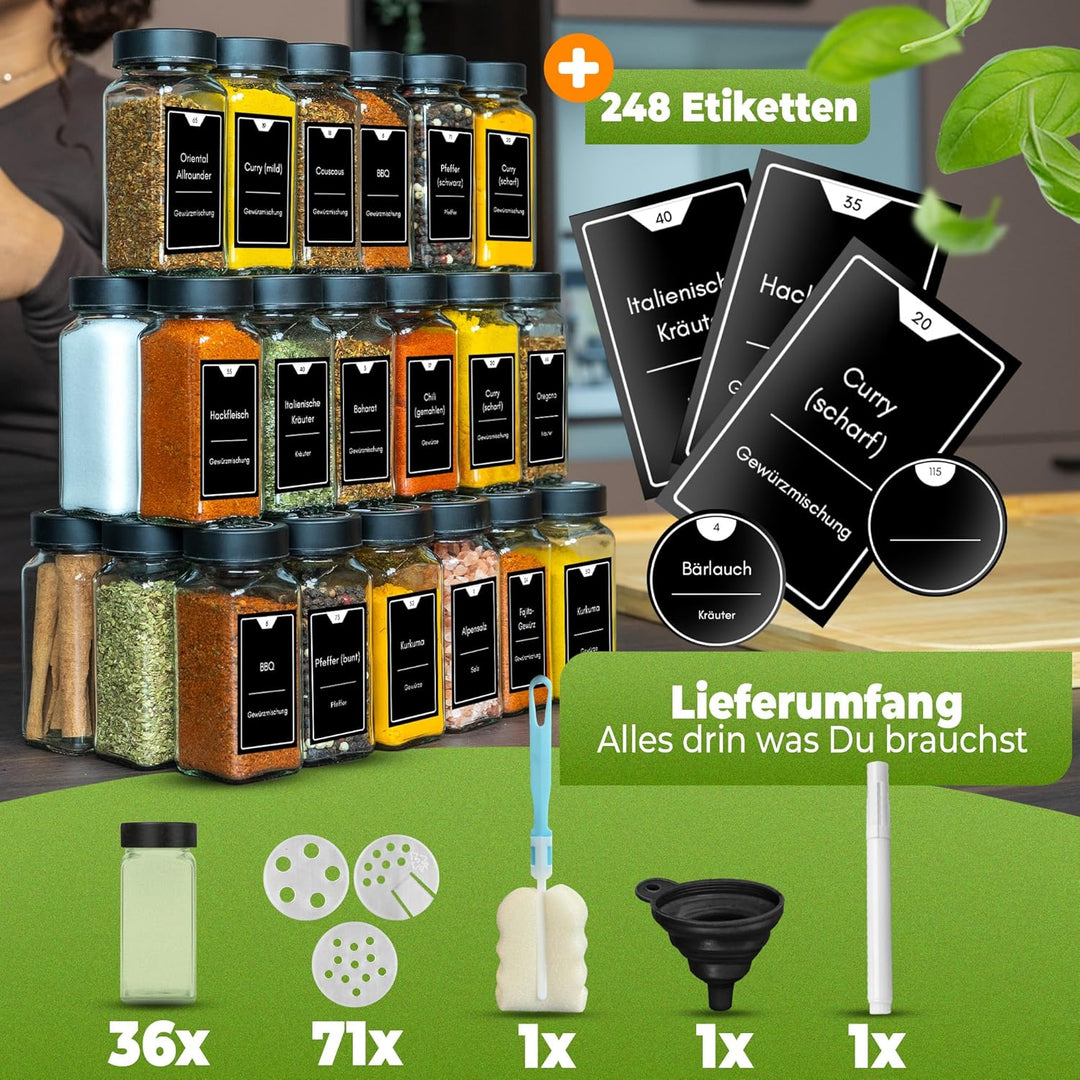 Gewürzgläser eckig [36 x 125ml], Luftdichte Gewürzgläser mit Streueinsatz + 248 wasserfeste Gewürzet
