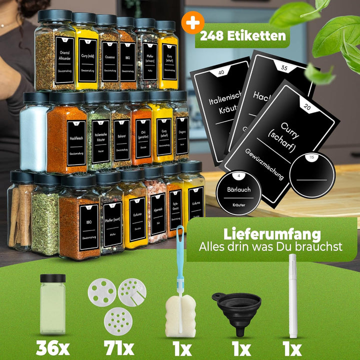 Gewürzgläser eckig [36 x 125ml], Luftdichte Gewürzgläser mit Streueinsatz + 248 wasserfeste Gewürzet