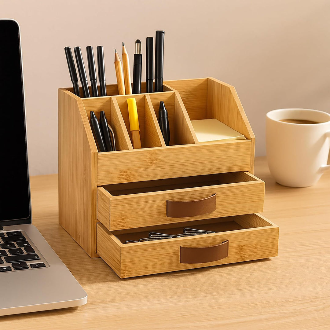 Relaxdays Schreibtisch Organizer, Schubladen & Fächer, HxBxT: 19 x 24 x 14cm, Bambus & PU, Büroaufbe