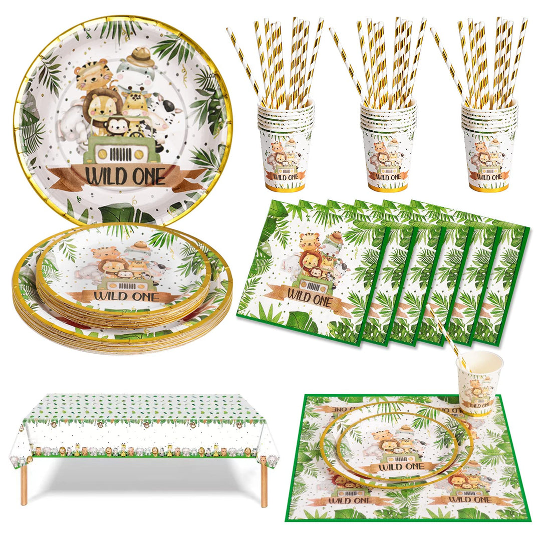 Dschungel Safari Partygeschirr Set 126 Stück Papier Teller Tassen Servietten Strohhalme für Wild One