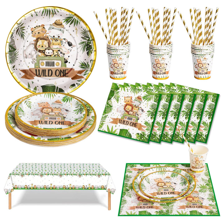 Dschungel Safari Partygeschirr Set 126 Stück Papier Teller Tassen Servietten Strohhalme für Wild One