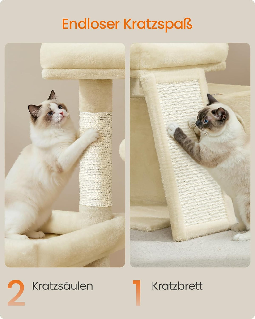 Feandrea Kratzbaum, Katzenbaum mit Kratzsäulen, Rampe, Katzenkratzbaum, 2 grosse Plattformen, Höhle