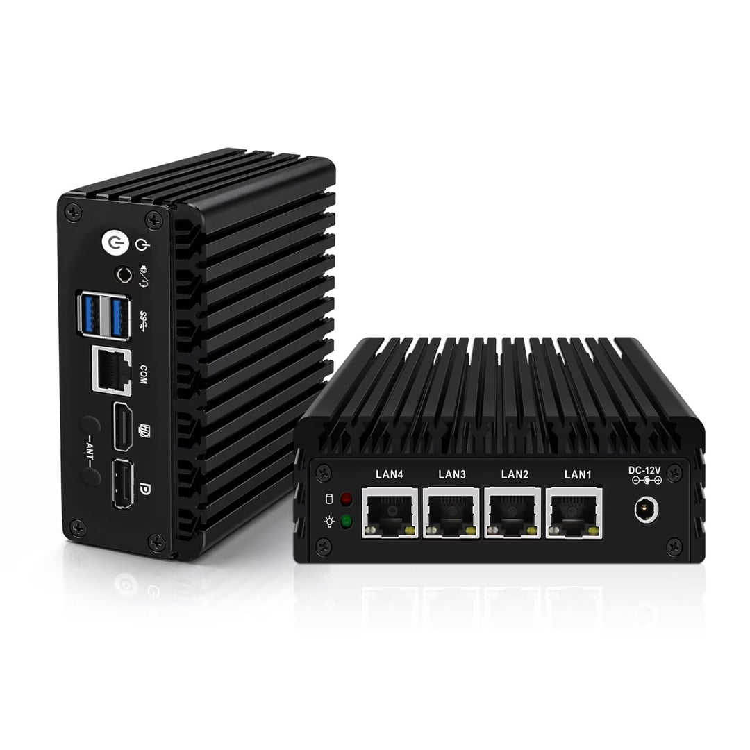 Micro Firewall Appliance, Fanless Mini PC J3710 4C/4T, 4X 2.5 GbE i225-V LAN,AES-NI,DDR3 8GB SSD 128