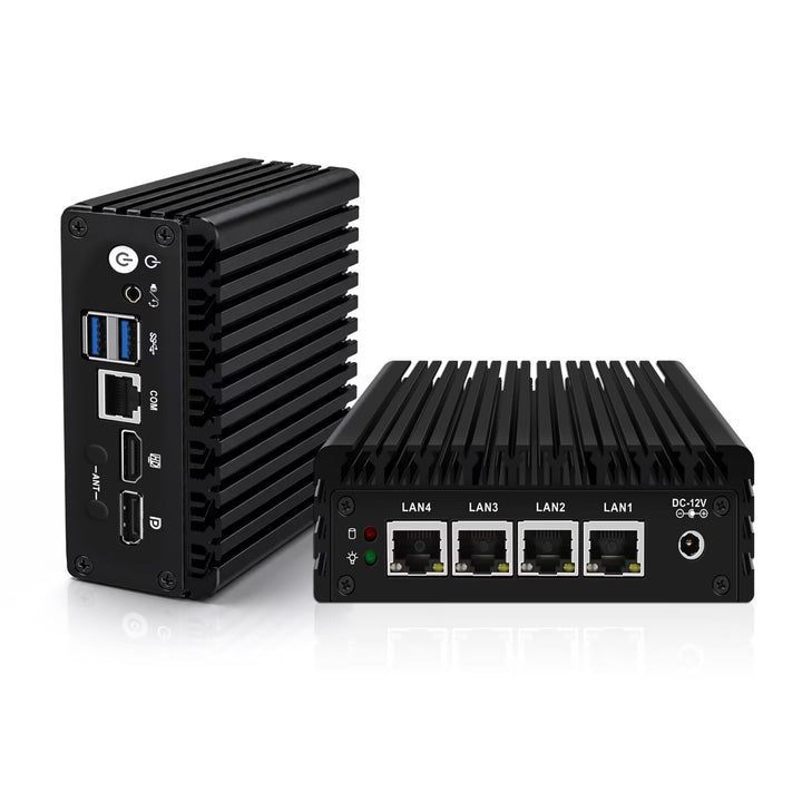 Micro Firewall Appliance, Fanless Mini PC J3710 4C/4T, 4X 2.5 GbE i225-V LAN,AES-NI,DDR3 8GB SSD 128